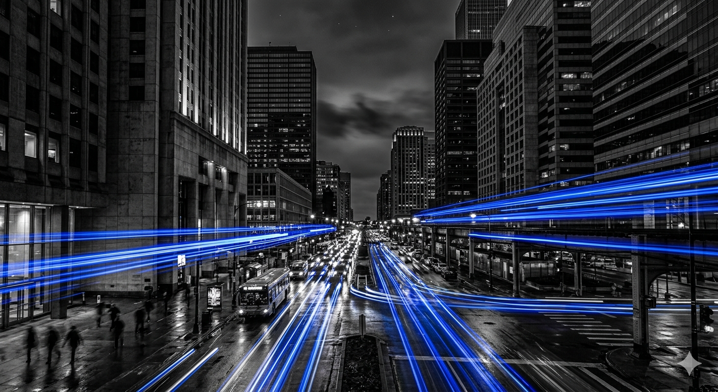 Monochrome city street image with blue light trails and civic downtown buildings