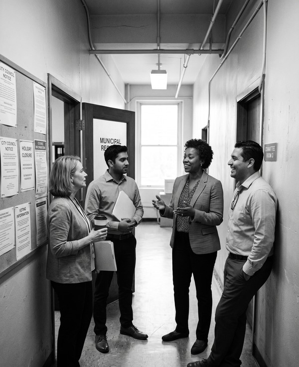 Municipal staff in civic office hallway